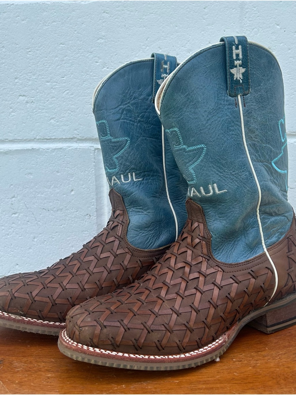 Tin Haul Brown Woven Foot with Blue Shaft Kids Western Boots